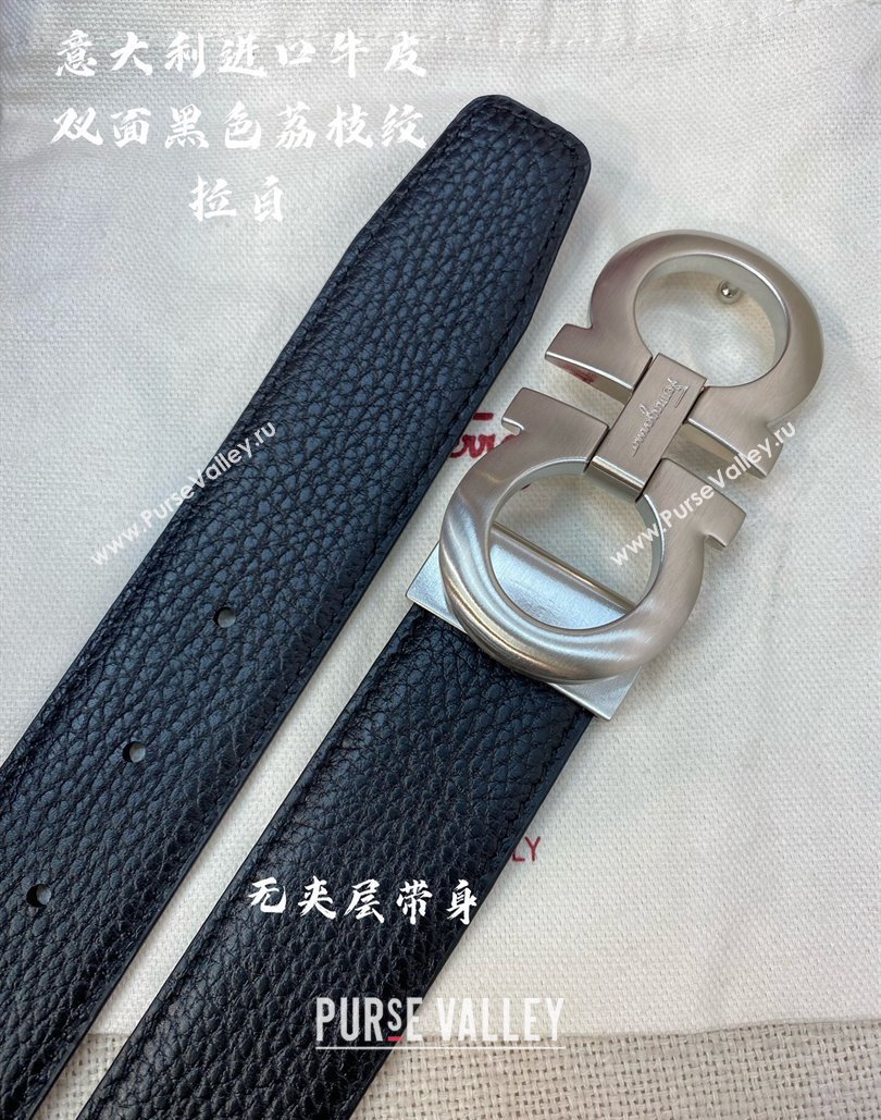 Ferragamo Litchi-Grained Calfskin Leather Belt 3.5cm Black/Brushed Silver 2024 FG0131 (99-240131170)