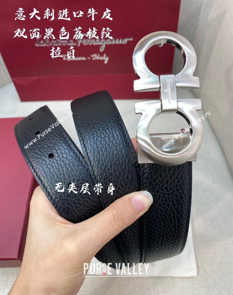 Ferragamo Litchi-Grained Calfskin Leather Belt 3.5cm Black/Brushed Silver 2024 FG0131 (99-240131170)