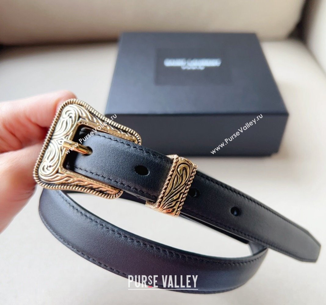 Saint Laurent Leather Belt 2cm with Engraved Buckle Black/Gold 2024 (99-240131180)