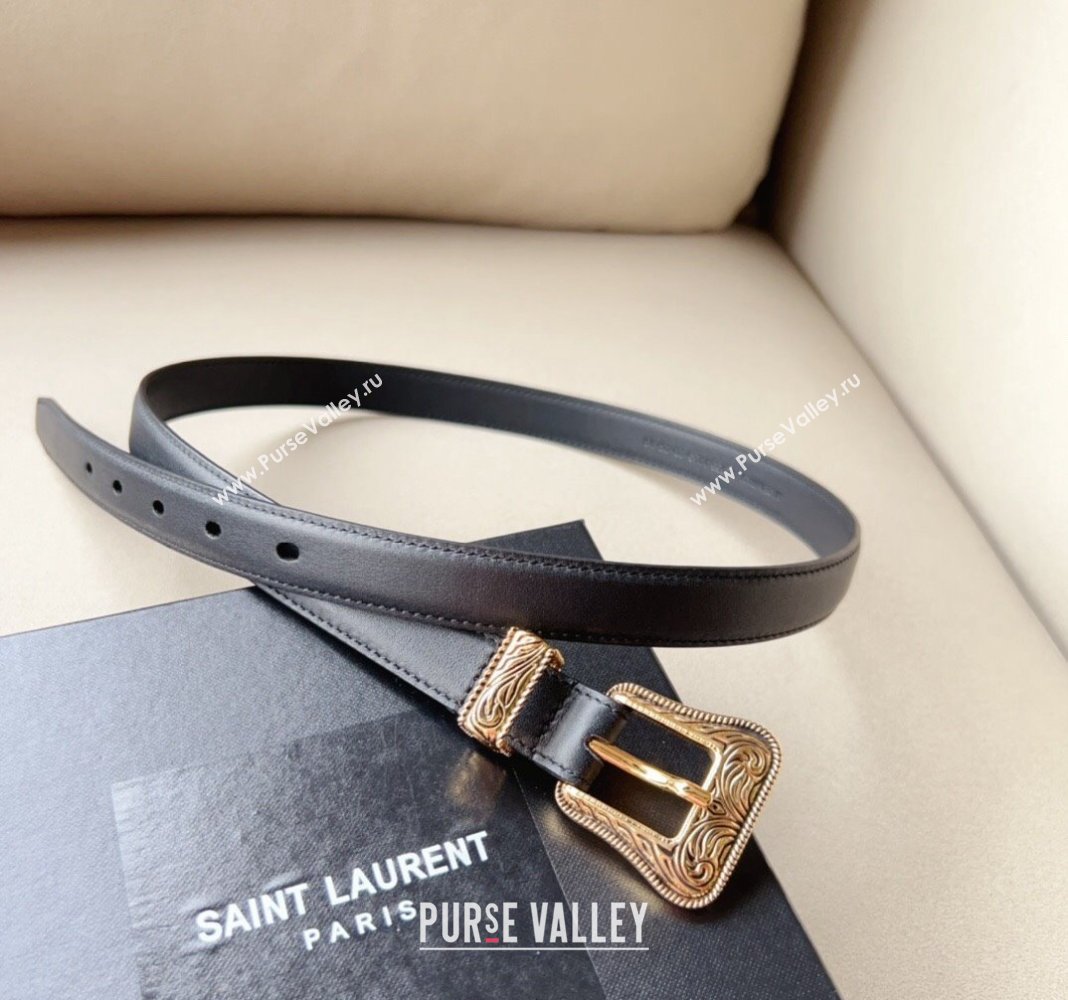 Saint Laurent Leather Belt 2cm with Engraved Buckle Black/Gold 2024 (99-240131180)