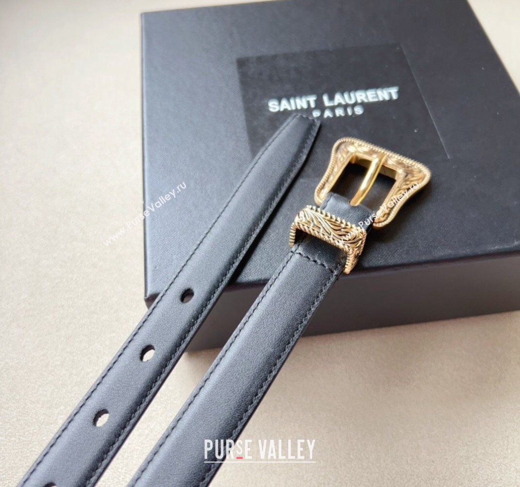 Saint Laurent Leather Belt 2cm with Engraved Buckle Black/Gold 2024 (99-240131180)