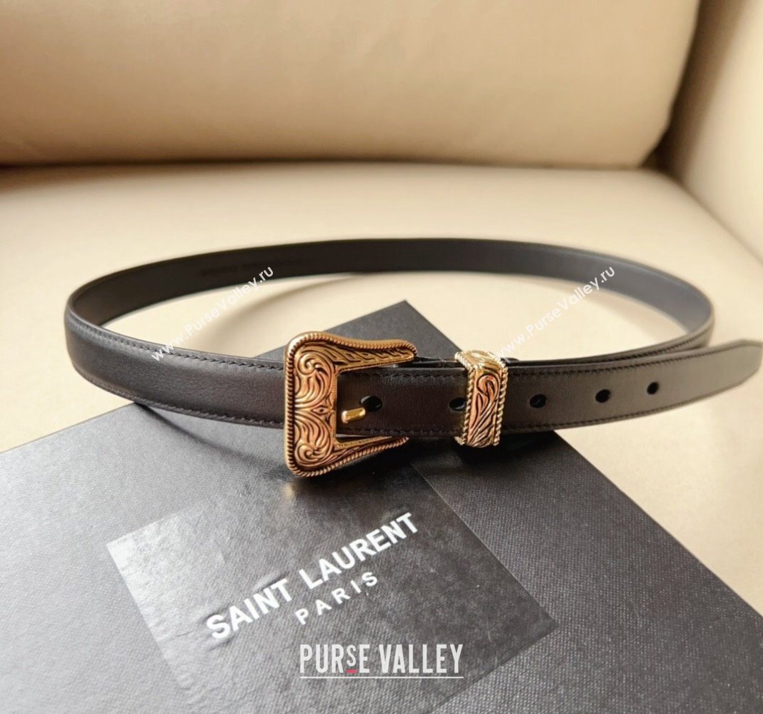 Saint Laurent Leather Belt 2cm with Engraved Buckle Black/Gold 2024 (99-240131180)