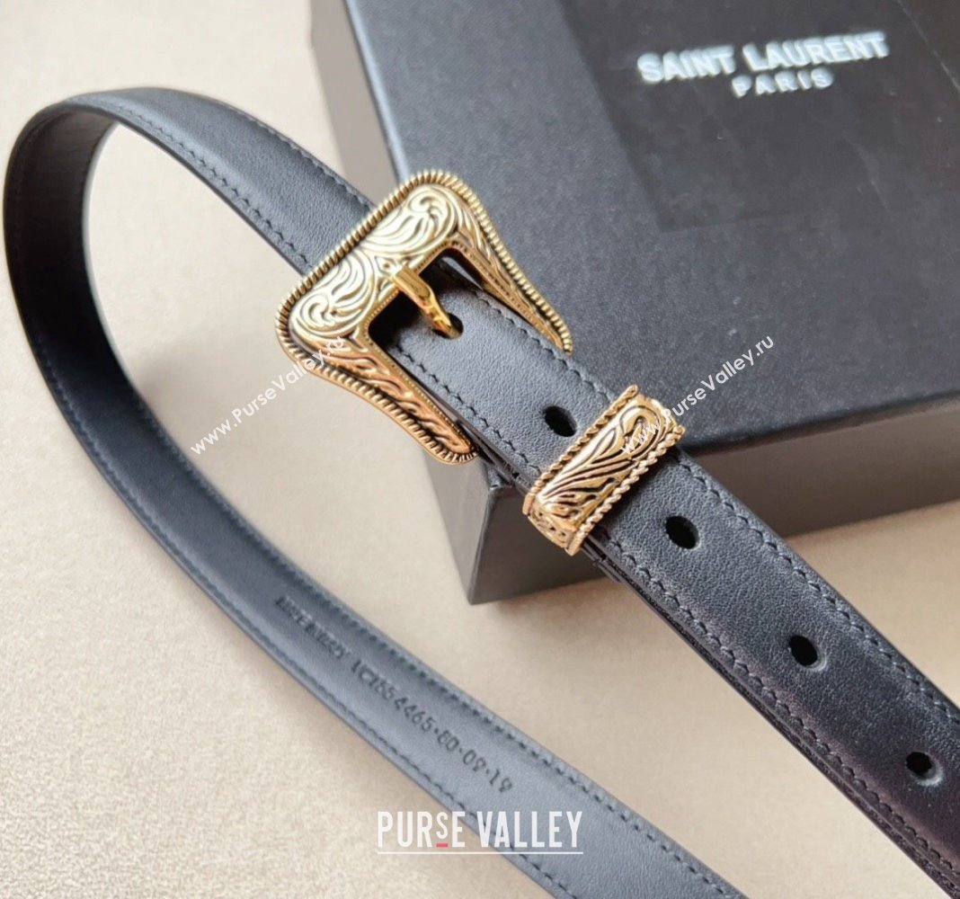 Saint Laurent Leather Belt 2cm with Engraved Buckle Black/Gold 2024 (99-240131180)