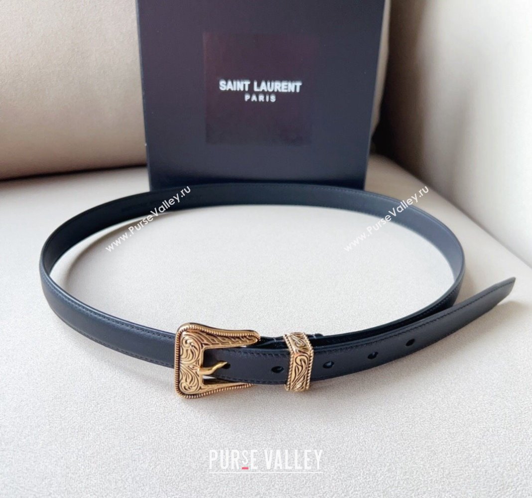 Saint Laurent Leather Belt 2cm with Engraved Buckle Black/Gold 2024 (99-240131180)