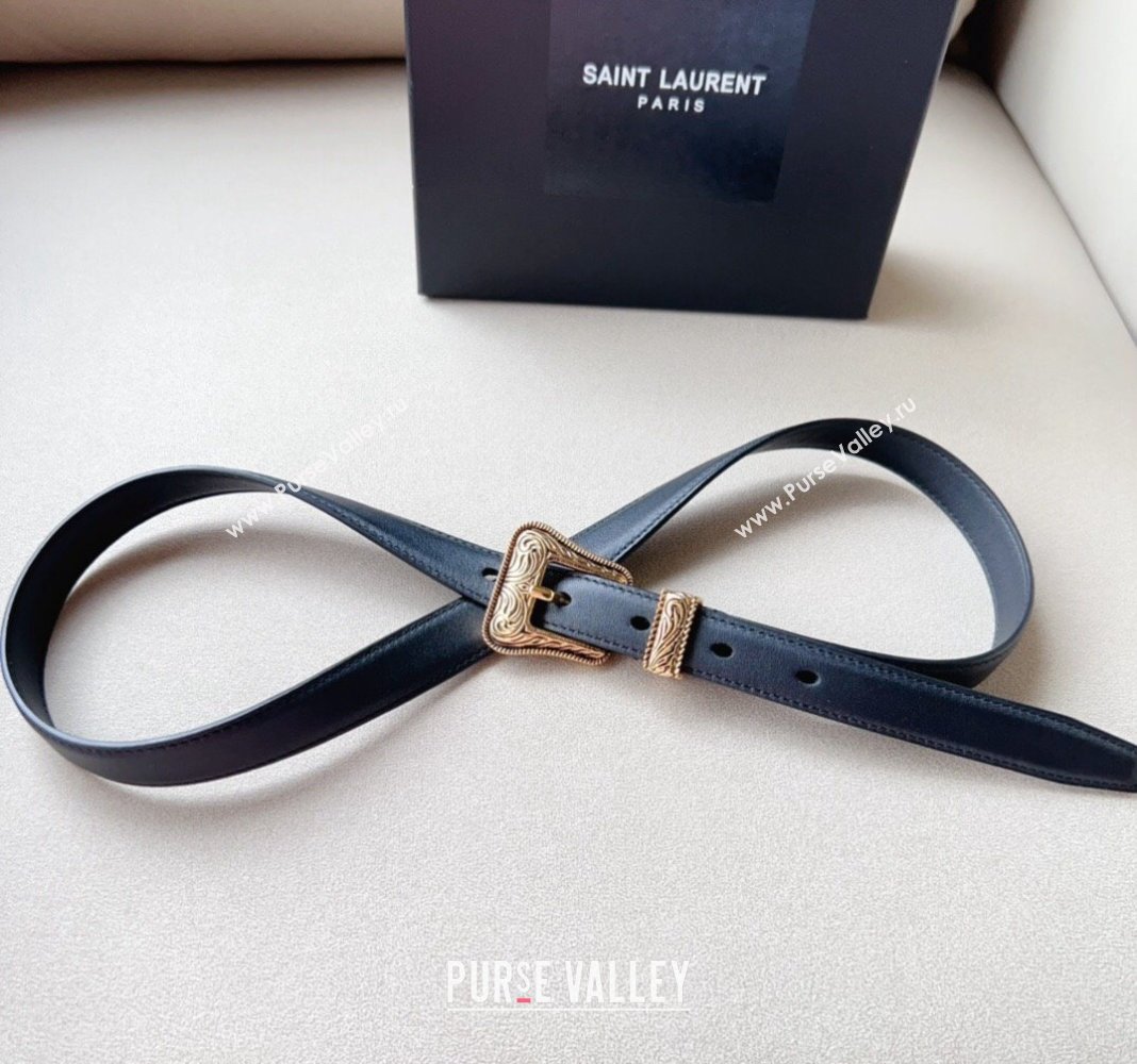 Saint Laurent Leather Belt 2cm with Engraved Buckle Black/Gold 2024 (99-240131180)