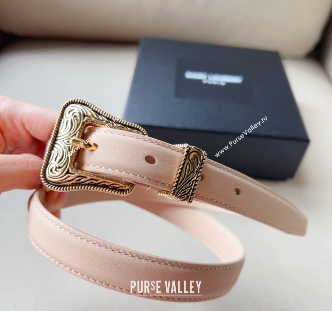 Saint Laurent Leather Belt 2cm with Engraved Buckle Nude Pink/Gold 2024 (99-240131184)