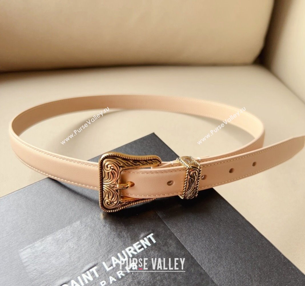 Saint Laurent Leather Belt 2cm with Engraved Buckle Nude Pink/Gold 2024 (99-240131184)