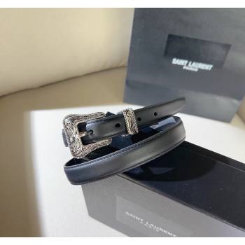 Saint Laurent Shiny Leather Belt 2cm with Engraved Buckle Black/Silver 2024 (99-240131185)