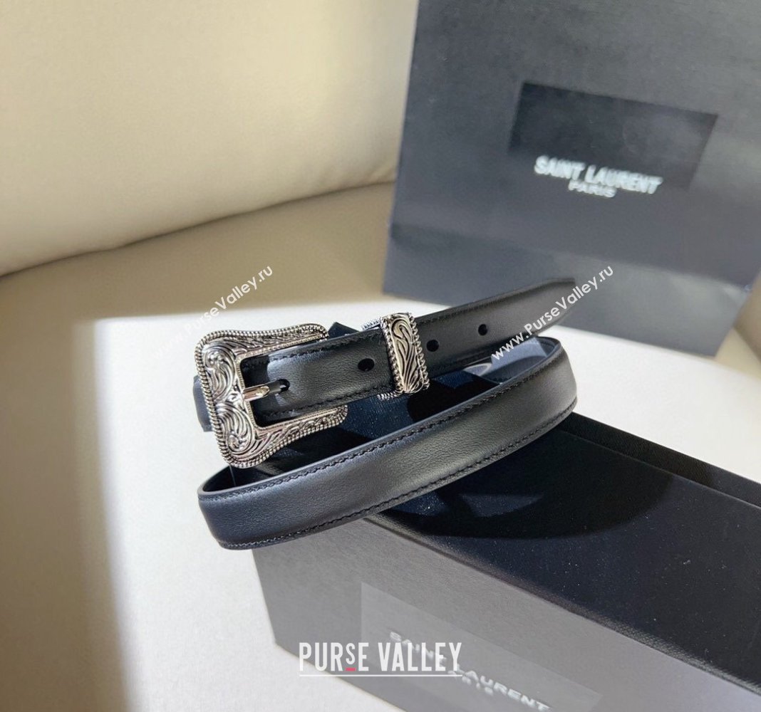 Saint Laurent Shiny Leather Belt 2cm with Engraved Buckle Black/Silver 2024 (99-240131185)