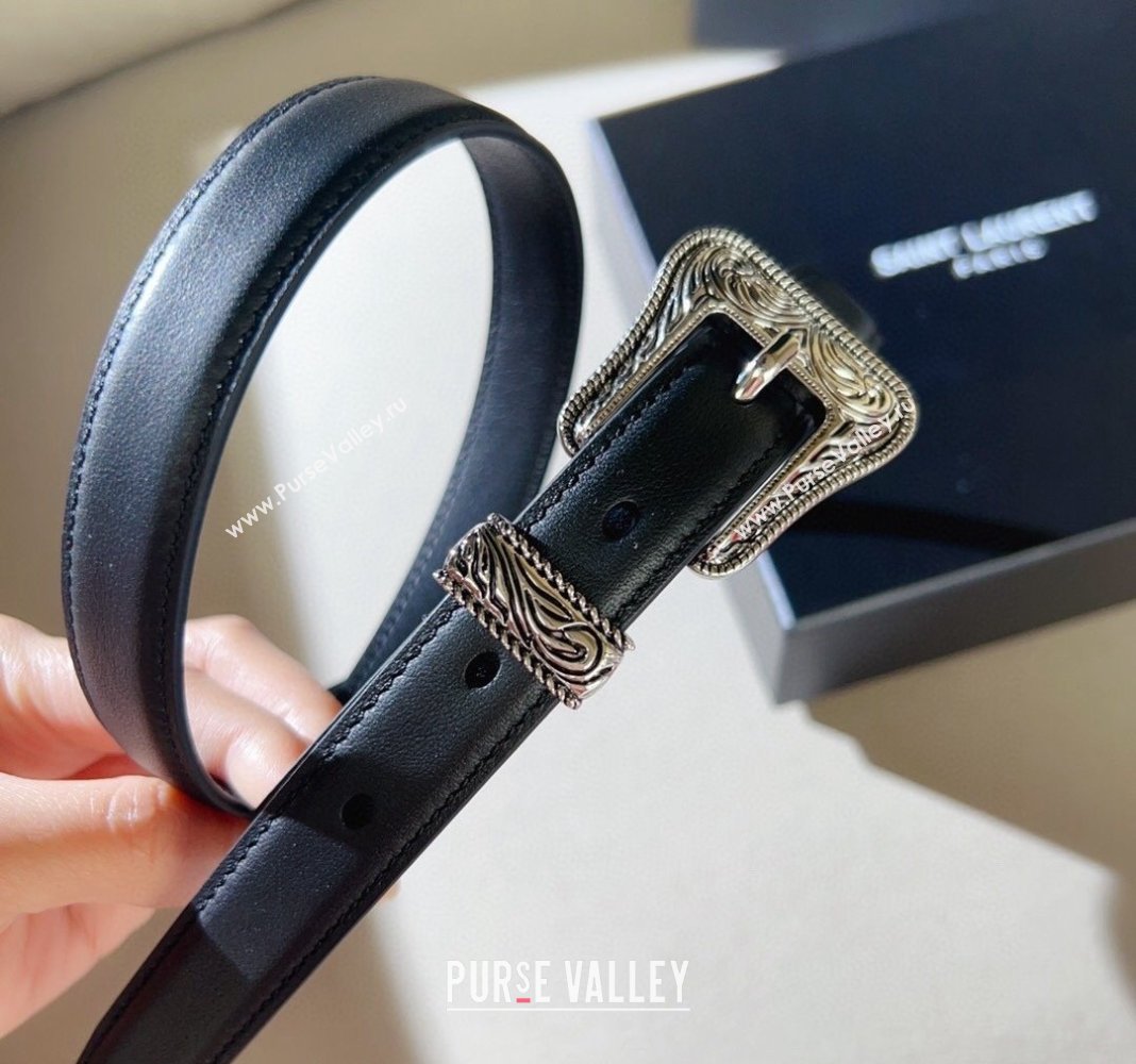 Saint Laurent Shiny Leather Belt 2cm with Engraved Buckle Black/Silver 2024 (99-240131185)