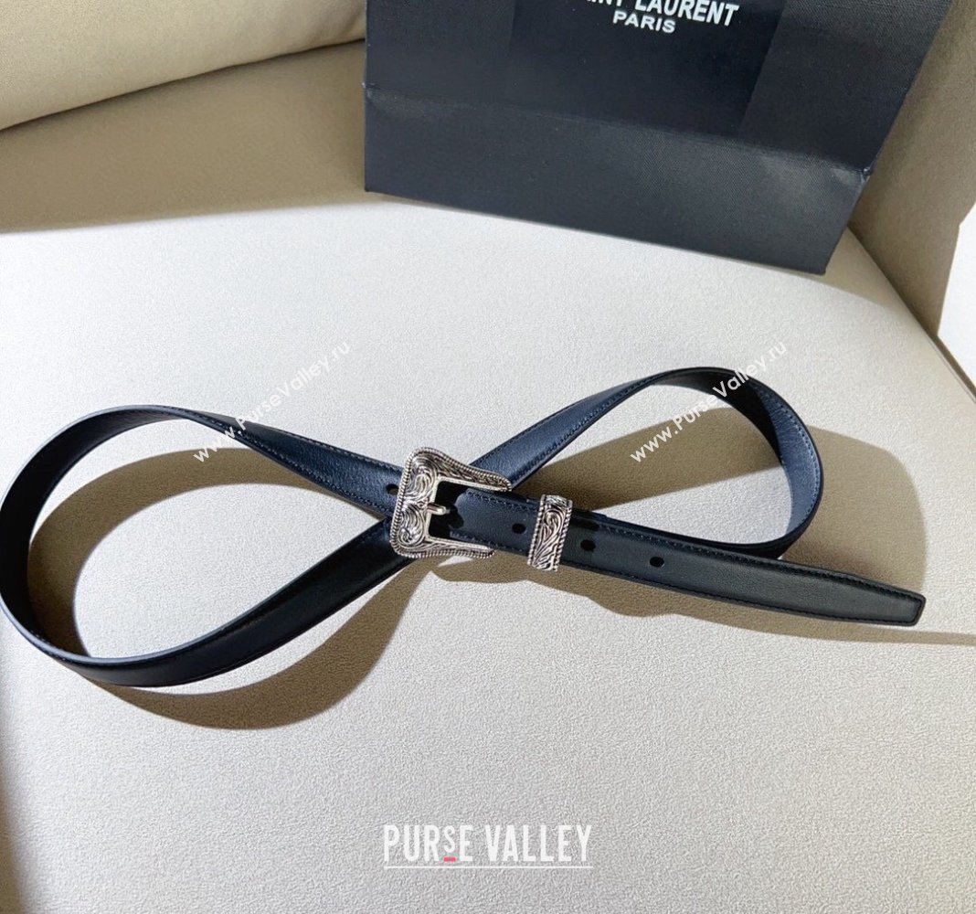 Saint Laurent Shiny Leather Belt 2cm with Engraved Buckle Black/Silver 2024 (99-240131185)