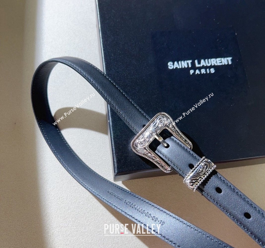 Saint Laurent Shiny Leather Belt 2cm with Engraved Buckle Black/Silver 2024 (99-240131185)