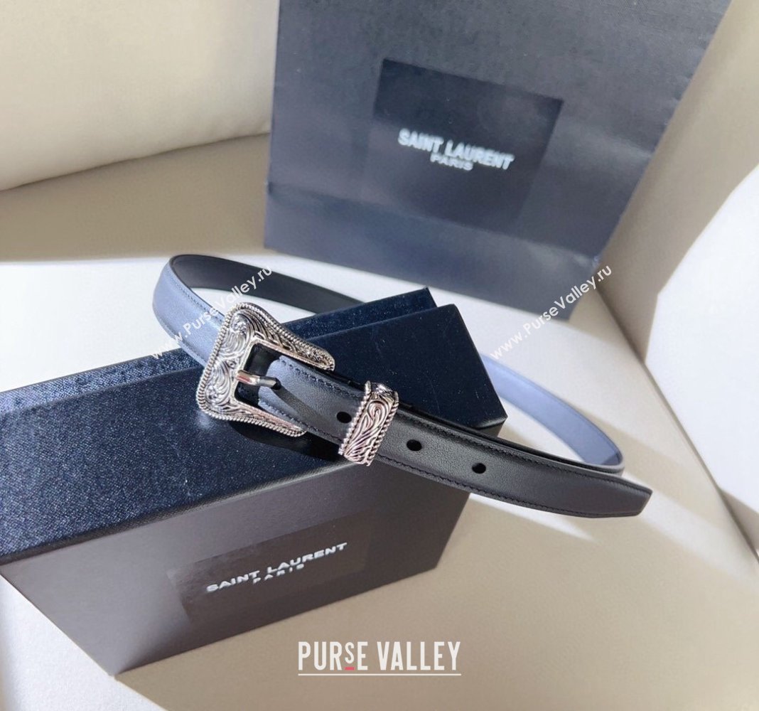 Saint Laurent Shiny Leather Belt 2cm with Engraved Buckle Black/Silver 2024 (99-240131185)