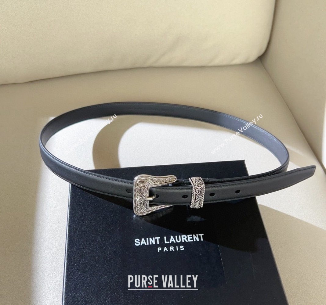 Saint Laurent Shiny Leather Belt 2cm with Engraved Buckle Black/Silver 2024 (99-240131185)