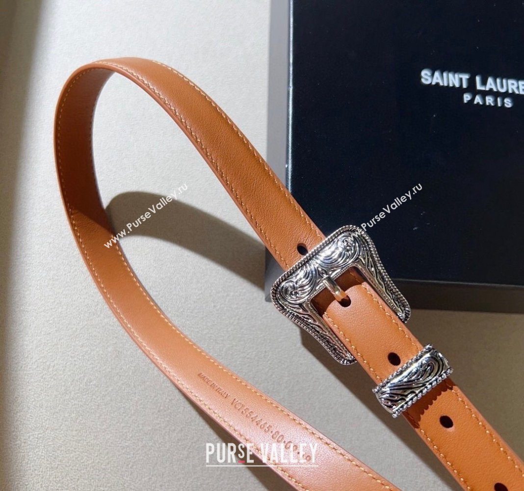 Saint Laurent Leather Belt 2cm with Engraved Buckle Brown/Silver 2024 (99-240131186)