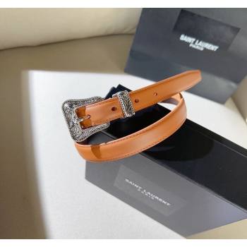 Saint Laurent Leather Belt 2cm with Engraved Buckle Brown/Silver 2024 (99-240131186)