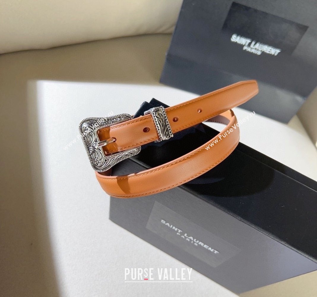 Saint Laurent Leather Belt 2cm with Engraved Buckle Brown/Silver 2024 (99-240131186)