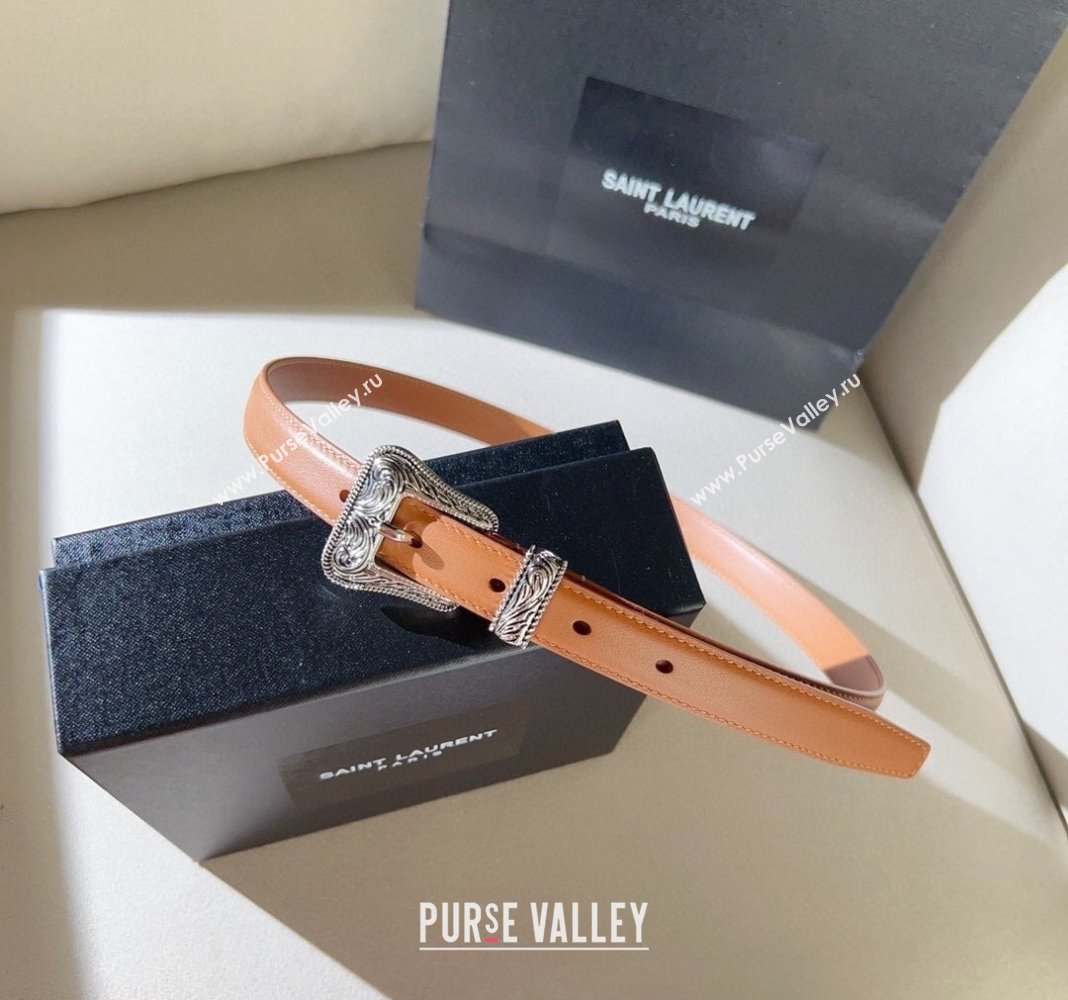 Saint Laurent Leather Belt 2cm with Engraved Buckle Brown/Silver 2024 (99-240131186)