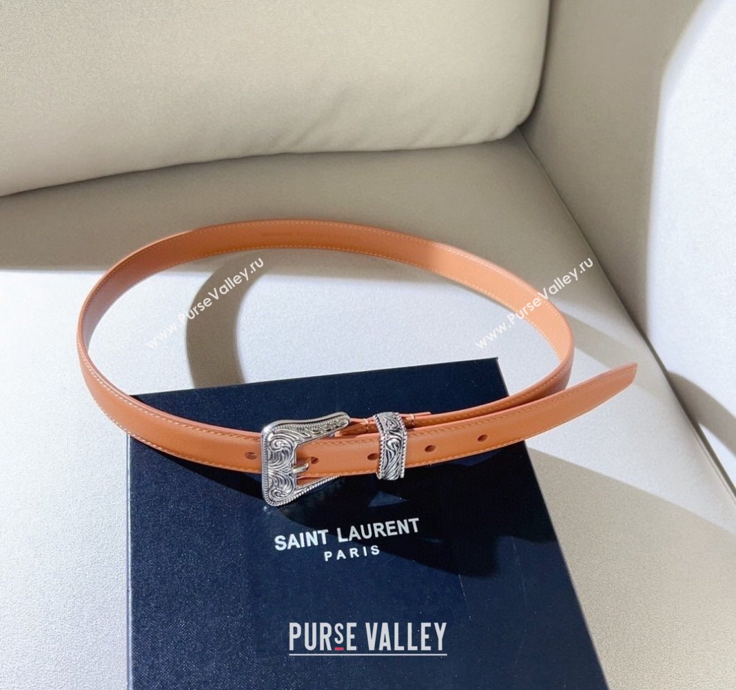 Saint Laurent Leather Belt 2cm with Engraved Buckle Brown/Silver 2024 (99-240131186)