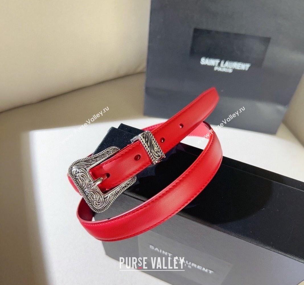 Saint Laurent Leather Belt 2cm with Engraved Buckle Red/Silver 2024 (99-240131188)