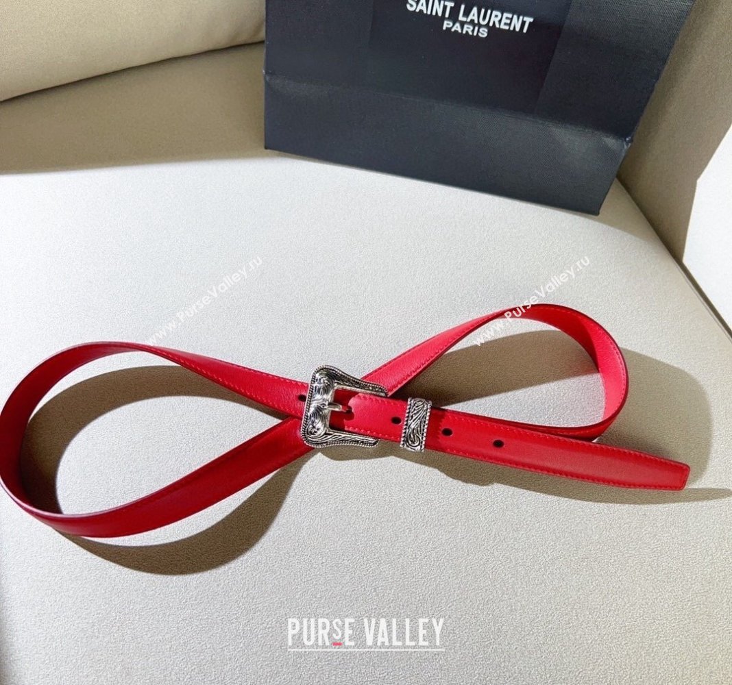 Saint Laurent Leather Belt 2cm with Engraved Buckle Red/Silver 2024 (99-240131188)