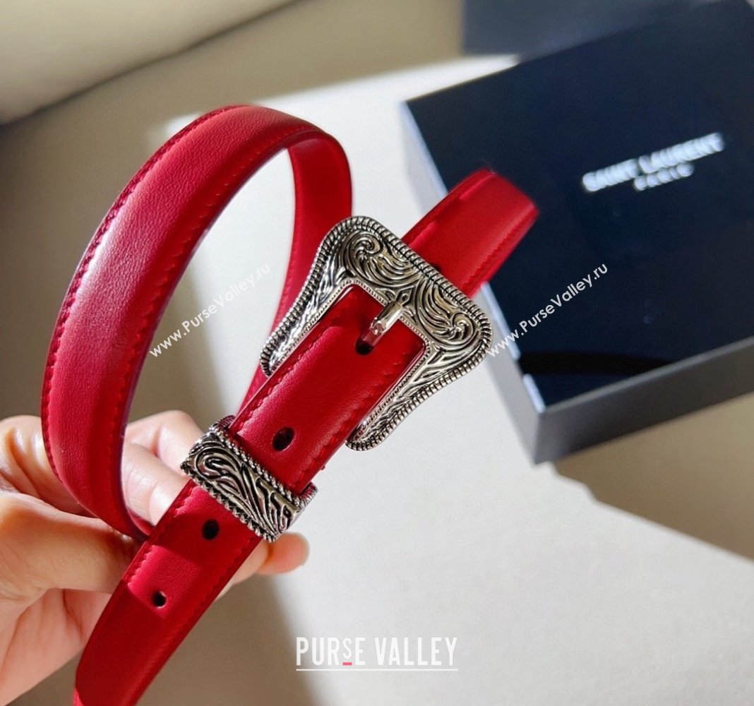 Saint Laurent Leather Belt 2cm with Engraved Buckle Red/Silver 2024 (99-240131188)