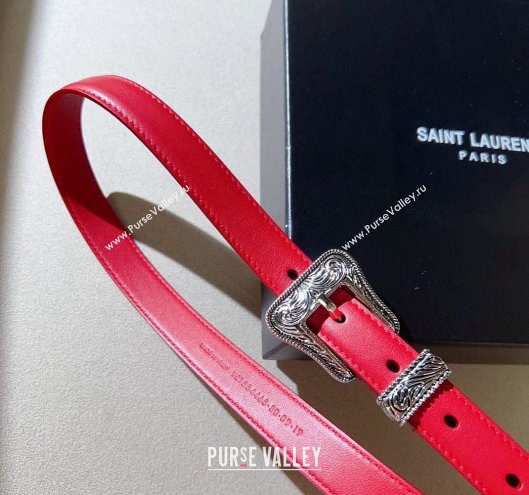 Saint Laurent Leather Belt 2cm with Engraved Buckle Red/Silver 2024 (99-240131188)