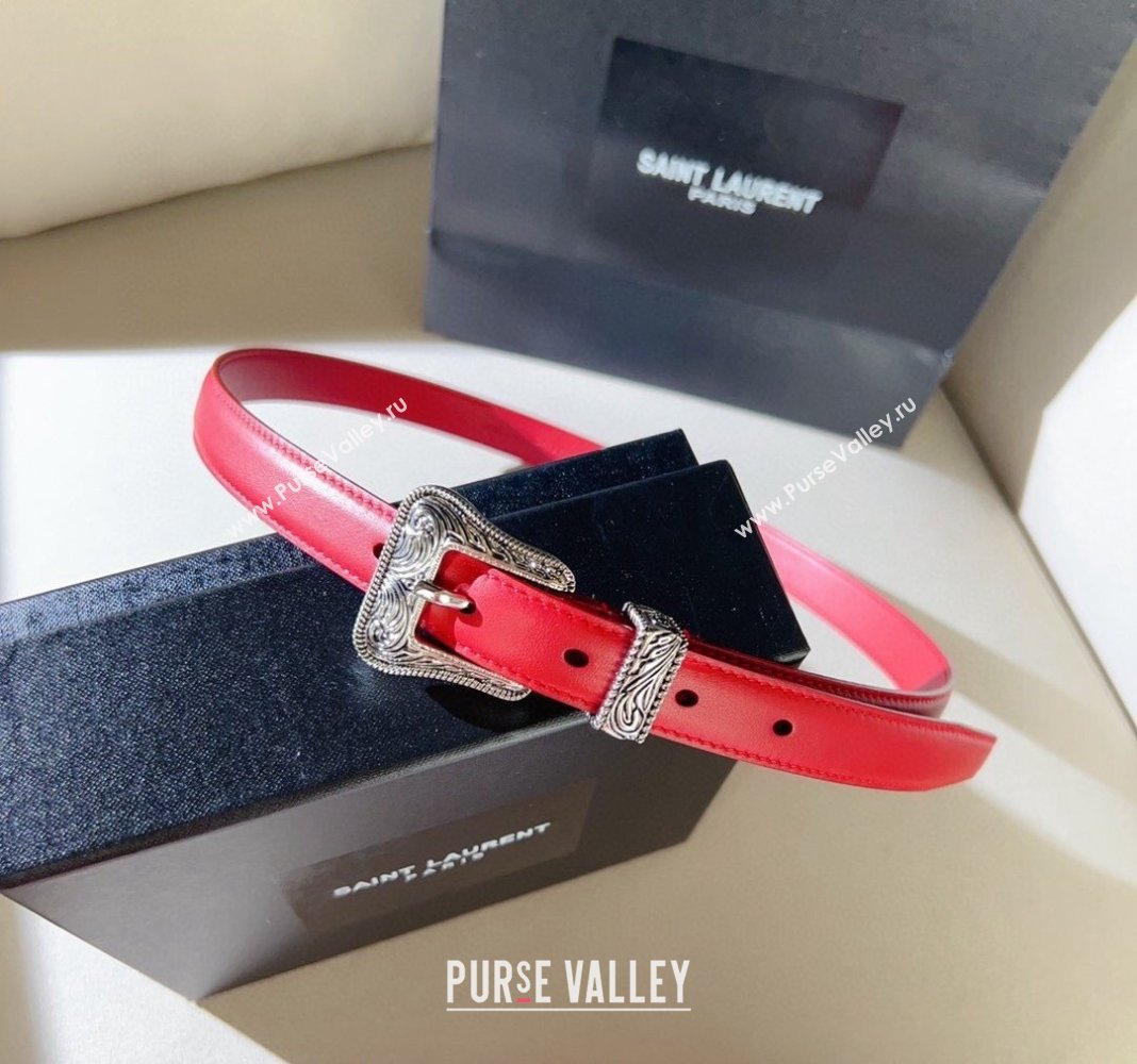 Saint Laurent Leather Belt 2cm with Engraved Buckle Red/Silver 2024 (99-240131188)