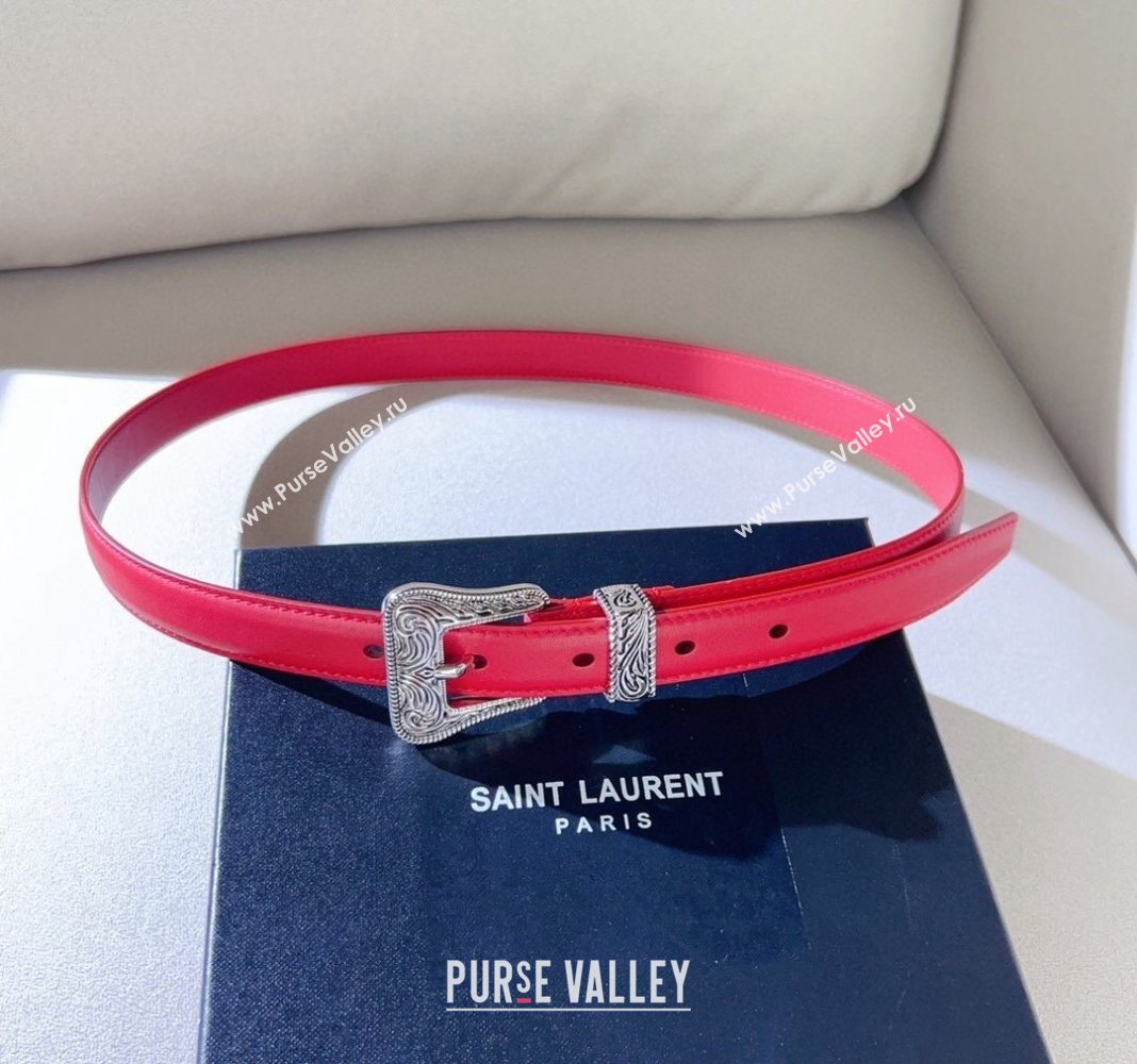 Saint Laurent Leather Belt 2cm with Engraved Buckle Red/Silver 2024 (99-240131188)