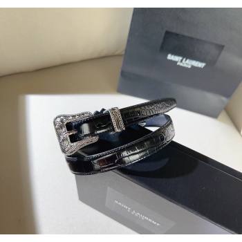 Saint Laurent Crocodile Embossed Leather Belt 2cm with Engraved Buckle Black 2024 (99-240131190)