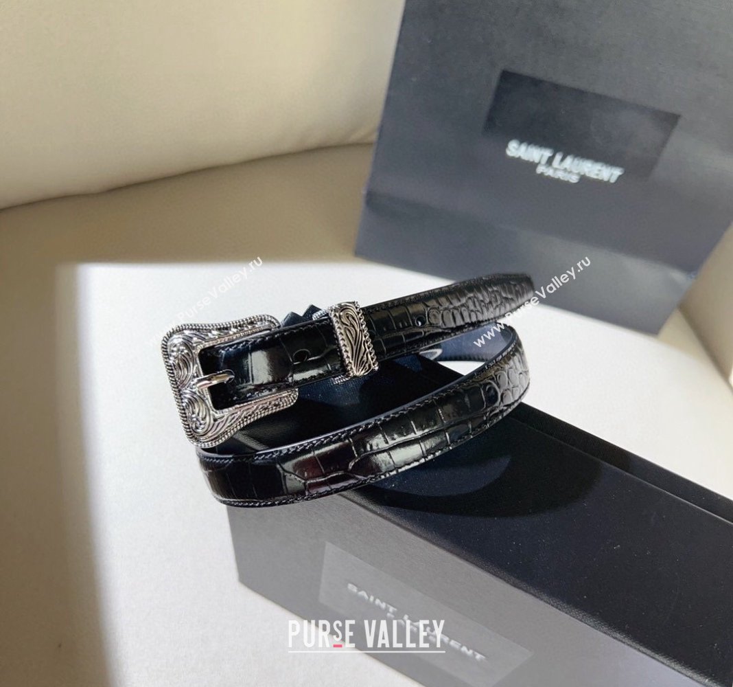 Saint Laurent Crocodile Embossed Leather Belt 2cm with Engraved Buckle Black 2024 (99-240131190)