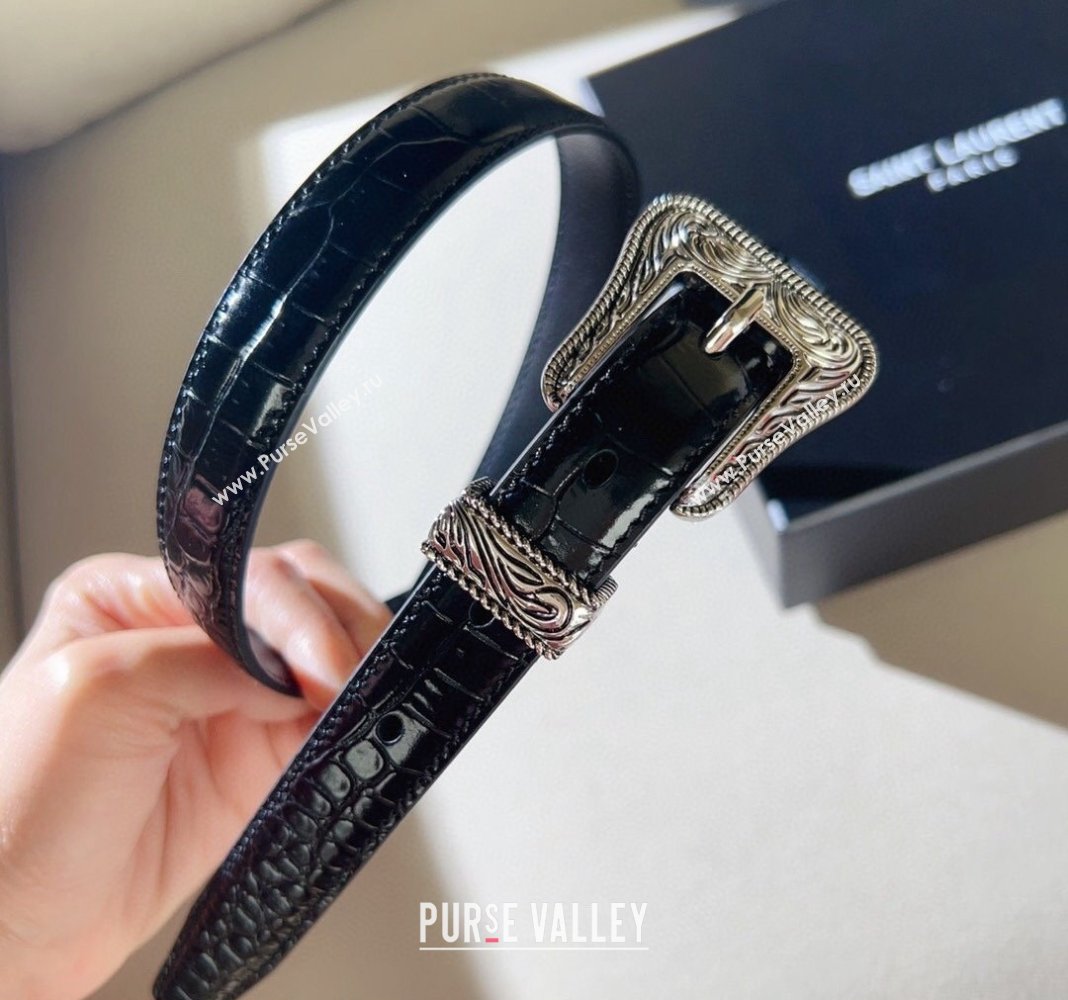 Saint Laurent Crocodile Embossed Leather Belt 2cm with Engraved Buckle Black 2024 (99-240131190)