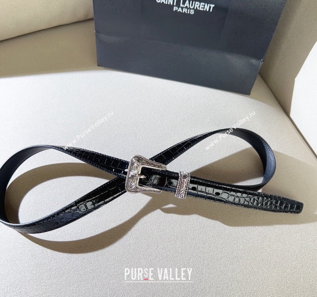 Saint Laurent Crocodile Embossed Leather Belt 2cm with Engraved Buckle Black 2024 (99-240131190)