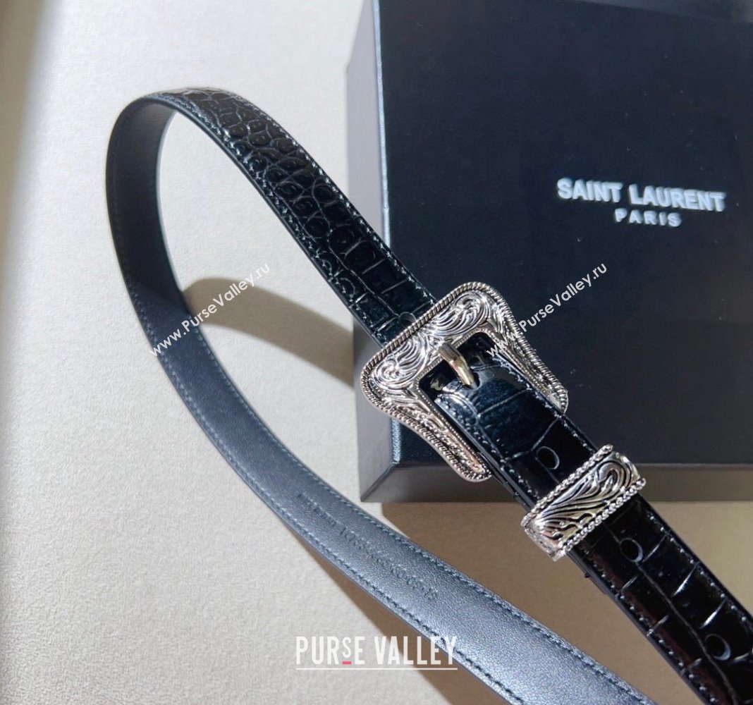 Saint Laurent Crocodile Embossed Leather Belt 2cm with Engraved Buckle Black 2024 (99-240131190)