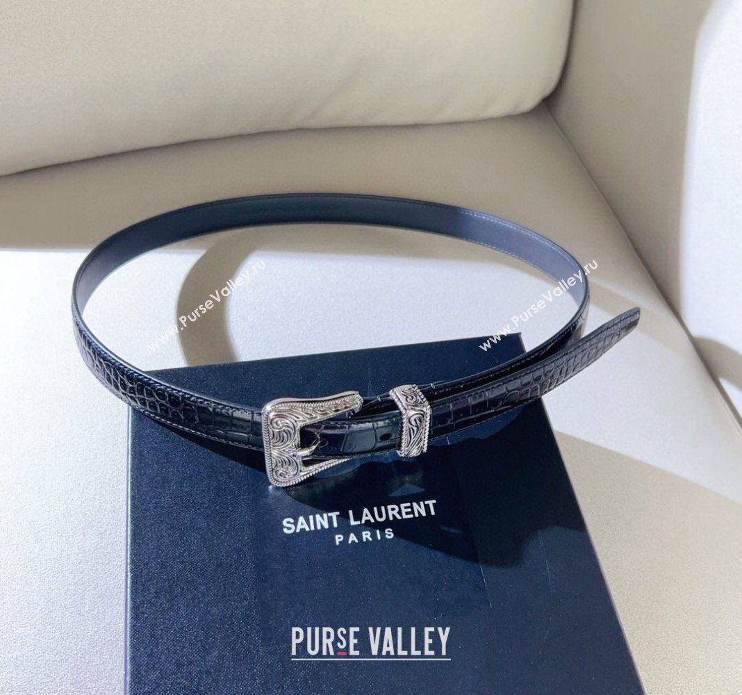 Saint Laurent Crocodile Embossed Leather Belt 2cm with Engraved Buckle Black 2024 (99-240131190)