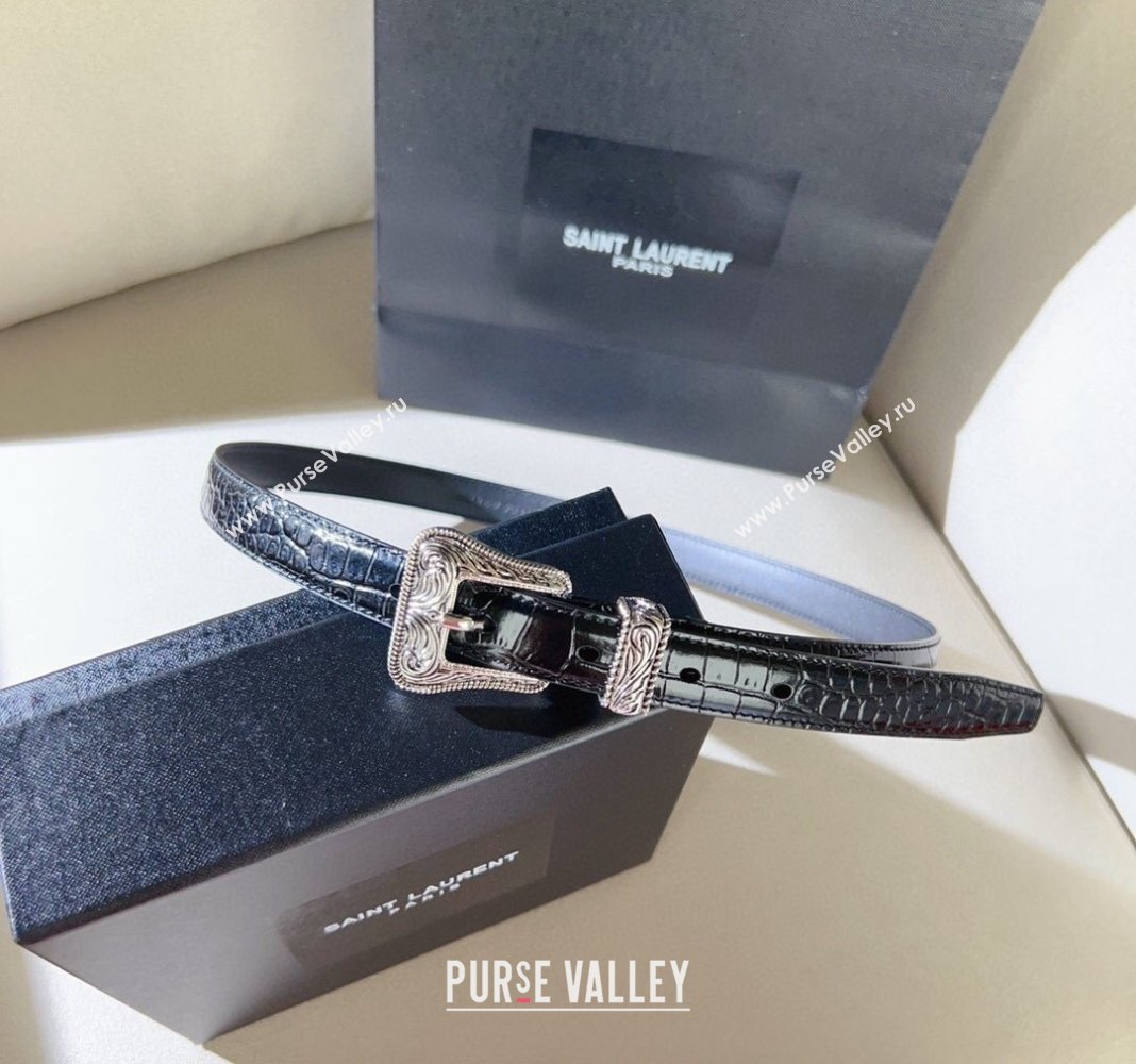 Saint Laurent Crocodile Embossed Leather Belt 2cm with Engraved Buckle Black 2024 (99-240131190)