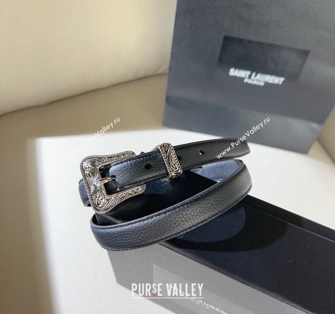 Saint Laurent Grained Leather Belt 2cm with Engraved Buckle Black 2024 (99-240131191)