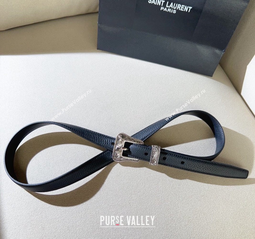 Saint Laurent Grained Leather Belt 2cm with Engraved Buckle Black 2024 (99-240131191)