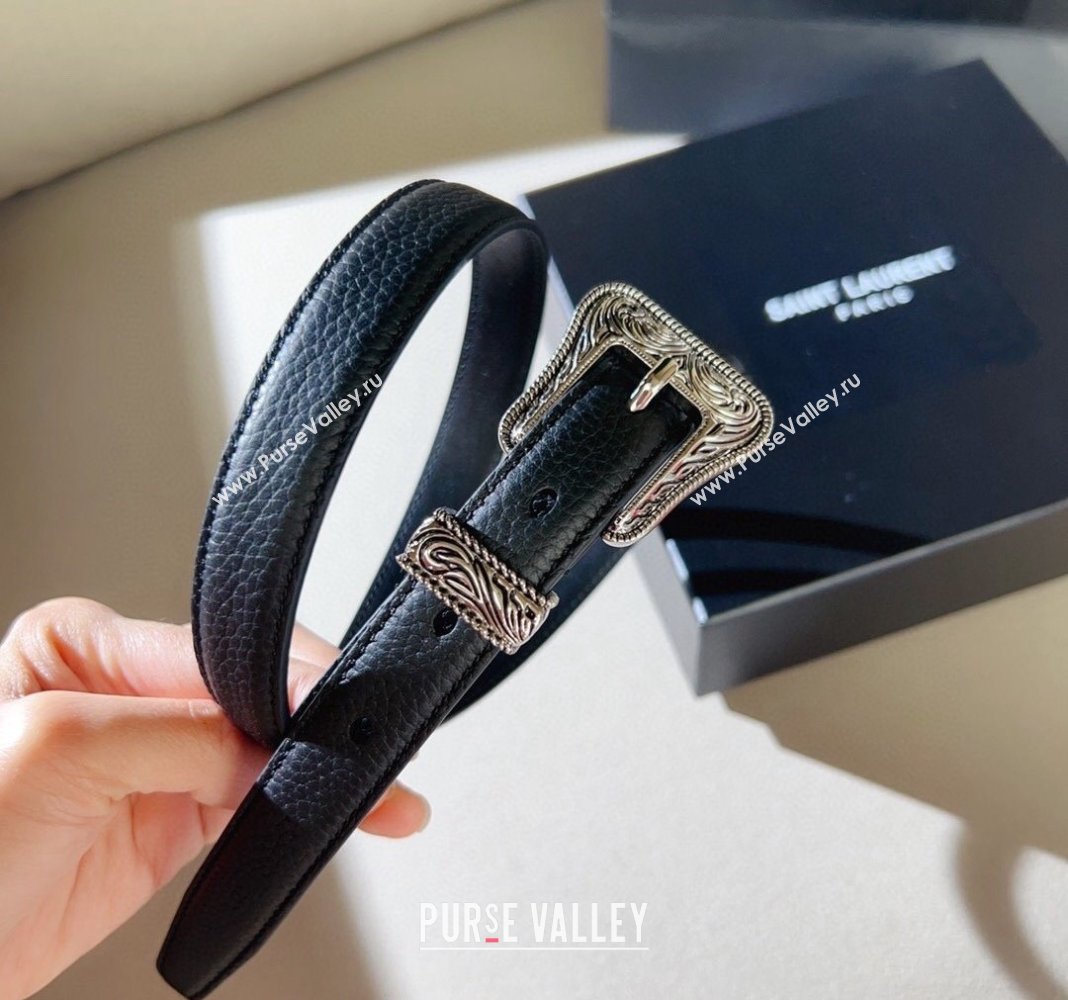 Saint Laurent Grained Leather Belt 2cm with Engraved Buckle Black 2024 (99-240131191)