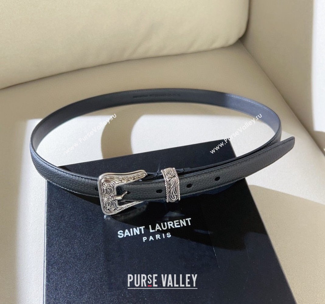 Saint Laurent Grained Leather Belt 2cm with Engraved Buckle Black 2024 (99-240131191)