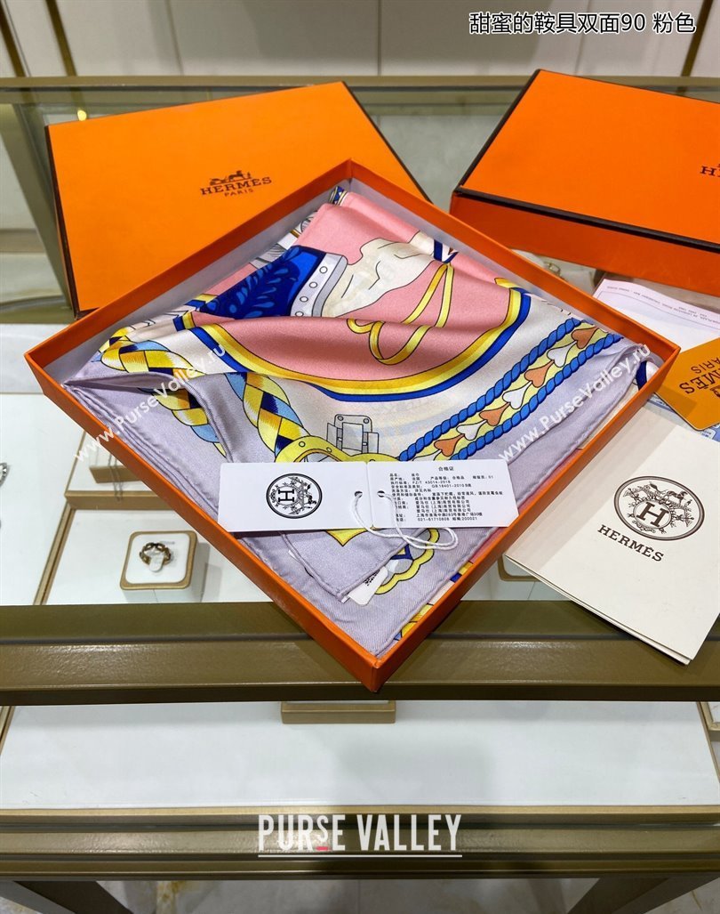 Hermes Harnais de Coeur Silk Sqaure Scarf 90x90cm Pink 2024 (A-240131001)