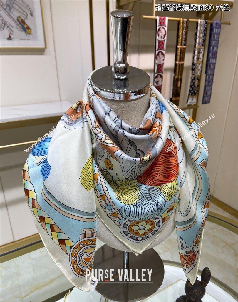 Hermes Harnais de Coeur Silk Sqaure Scarf 90x90cm Light Beige 2024 (A-240131002)