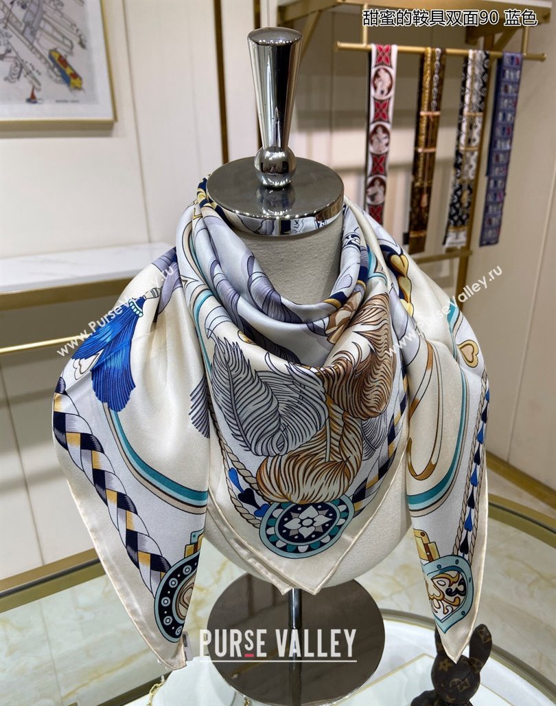 Hermes Harnais de Coeur Silk Sqaure Scarf 90x90cm Blue 2024 (A-240131004)