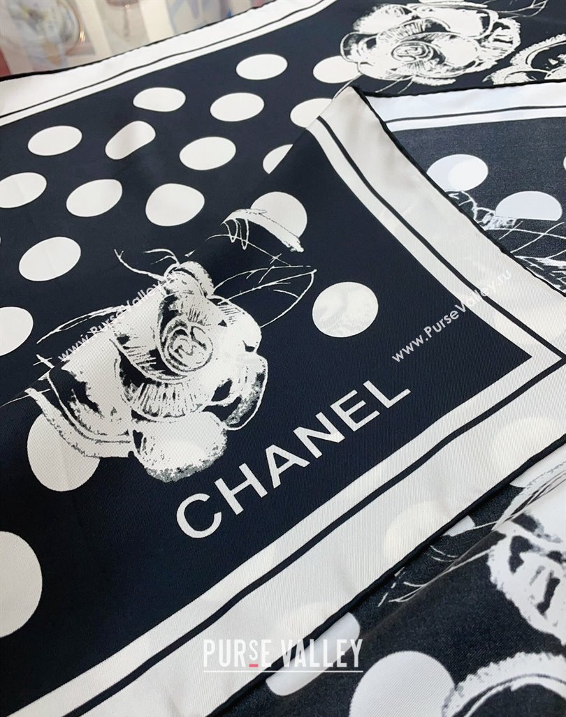 Chanel Camellia Silk Sqaure Scarf 90x90cm Black 2024 0130 (A-24013030)