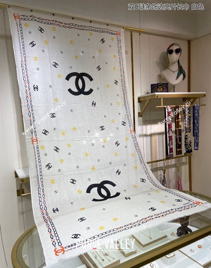 Chanel Cashmere Long Scarf with Sequins110x200cm White 2024 0131 (A-240131016)