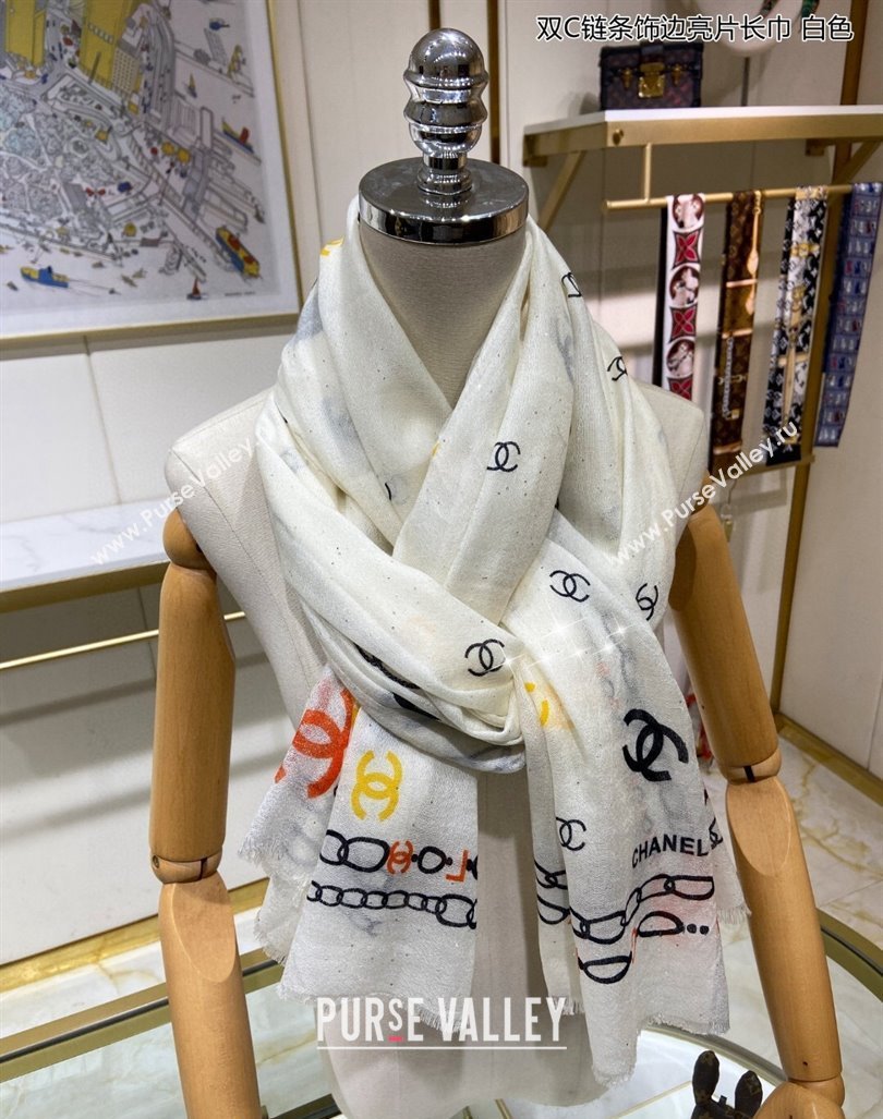 Chanel Cashmere Long Scarf with Sequins110x200cm White 2024 0131 (A-240131016)