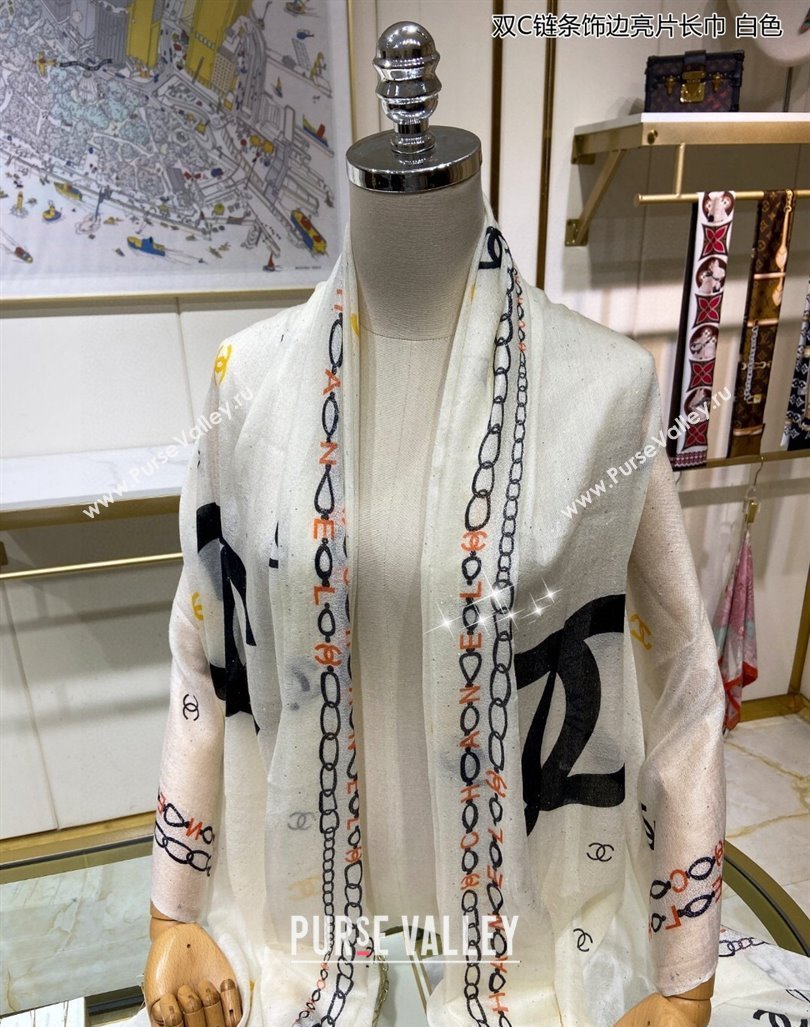 Chanel Cashmere Long Scarf with Sequins110x200cm White 2024 0131 (A-240131016)