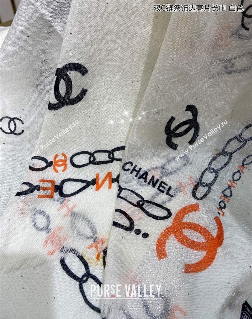 Chanel Cashmere Long Scarf with Sequins110x200cm White 2024 0131 (A-240131016)