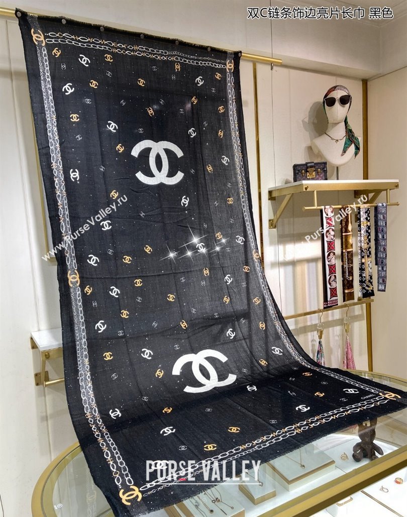 Chanel Cashmere Long Scarf with Sequins110x200cm Black 2024 0131 (A-240131017)