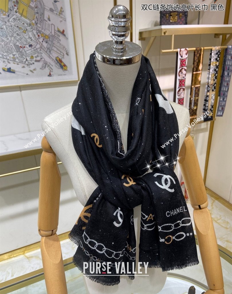 Chanel Cashmere Long Scarf with Sequins110x200cm Black 2024 0131 (A-240131017)